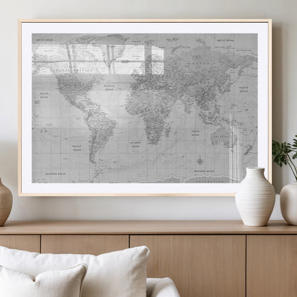 10516725-MGV-CV-36X24-Black and White World Map Wall Art – Minimalist Grayscale Canvas Print – Modern Detailed Travel Map Poster for Home, Office, or