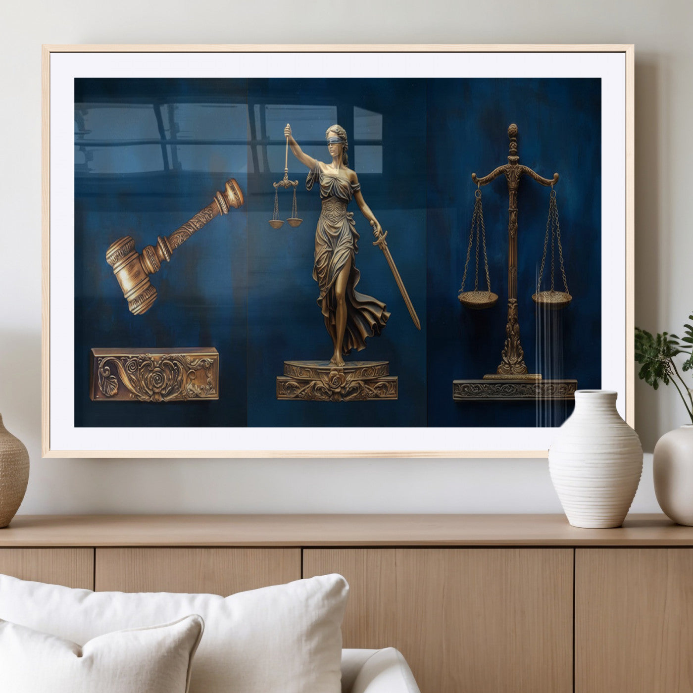 91629053-MGV-CV-36X24-Lady Justice Wall Art – Golden Gavel and Scales Canvas Print, Elegant Legal Office Decor for Lawyers, Judges, Courtroom or Study