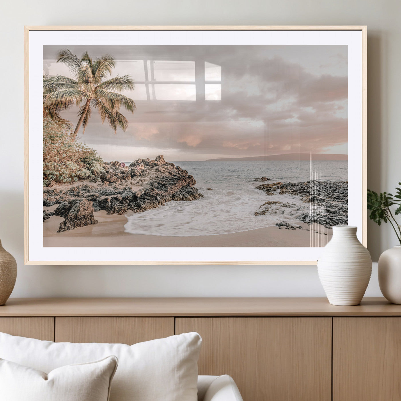 14214613-MGC-FP-36x24_Natural-Tropical Beach Wall Art – Palm Tree and Ocean Sunset Canvas Print, Relaxing Coastal Landscape Decor for Living Room, Bedroom, or