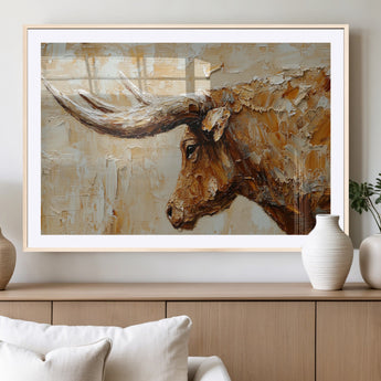 69611428-MGC-FP-36x24_Natural-Longhorn Bull Wall Art – Rustic Western Canvas Print, Textured Farmhouse Cattle Painting for Living Room, Office, or Ranch House