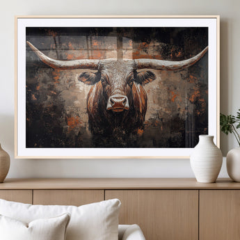 24779067-MGC-FP-36x24_Natural-Longhorn Bull Wall Art – Western Rustic Canvas Print, Bold Cowboy Cattle Painting for Ranch House, Farmhouse, Office, or Living