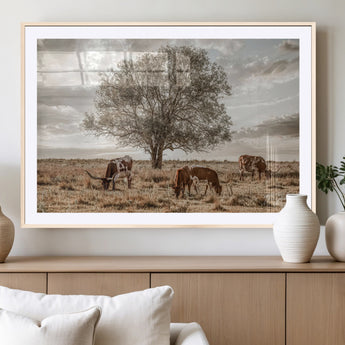 87590224-MGV-CV-36X24-Longhorn Cattle Wall Art – Rustic Western Landscape Canvas Print, Texas Farmhouse Prairie Scene for Living Room, Office, or Ranch