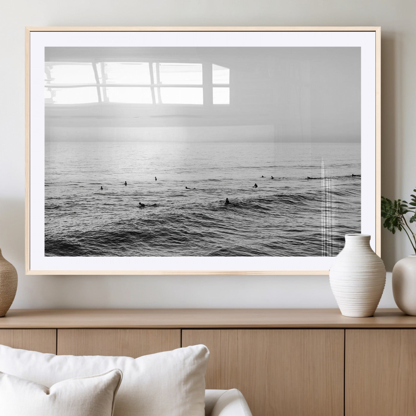 47208268-MGC-FP-36x24_Natural-Surfer Ocean Wall Art – Black and White Coastal Canvas Print, Minimalist Surfing Seascape Decor for Living Room, Bedroom, or Beach