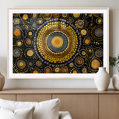 45478523-MGV-CV-36X24-Abstract Circle Wall Art – Bold Black and Gold Dot Painting Canvas Print, Modern Geometric Mandala Style Decor for Living Room or
