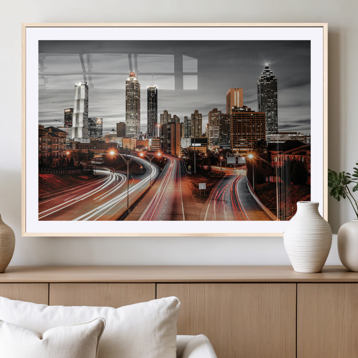 59097239-MGV-CV-36X24-City Skyline Wall Art – Modern Black and White Night Canvas Print with Red Light Trails, Urban Landscape Decor for Living Room or