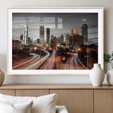 59097239-MGV-CV-36X24-City Skyline Wall Art – Modern Black and White Night Canvas Print with Red Light Trails, Urban Landscape Decor for Living Room or