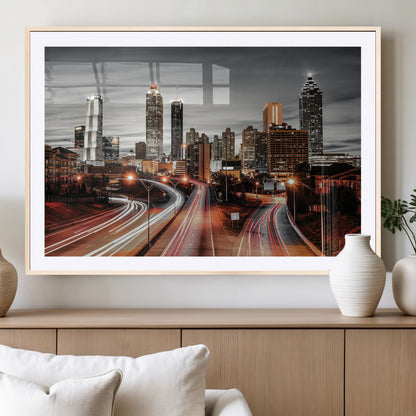59097239-MGV-CV-36X24-City Skyline Wall Art – Modern Black and White Night Canvas Print with Red Light Trails, Urban Landscape Decor for Living Room or