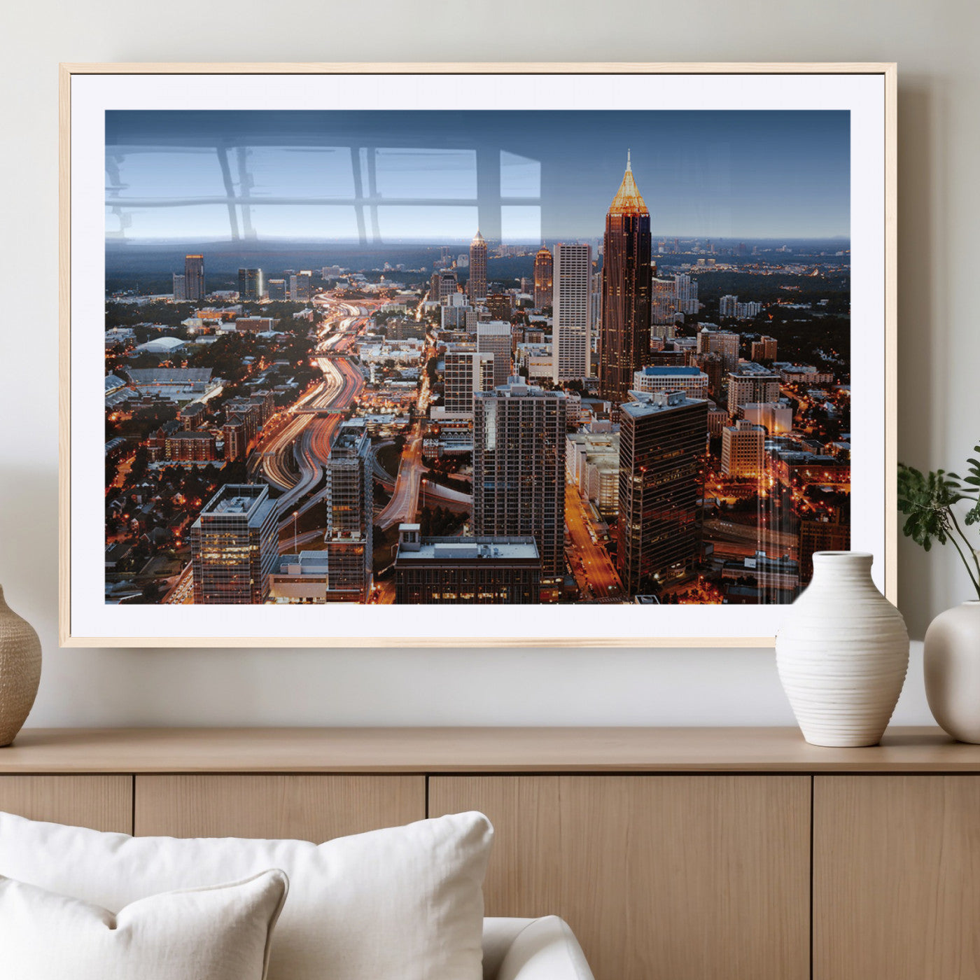 25096967-MGC-FP-36x24_Natural-Atlanta Skyline Wall Art – Vibrant Cityscape Canvas Print, Modern Night Lights Urban Decor for Office, Living Room, or Apartment