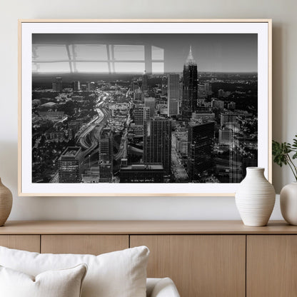 46578567-MGV-CV-36X24-Atlanta Skyline Wall Art – Black and White Cityscape Canvas Print, Modern Urban Night Decor for Office, Living Room, or Apartment