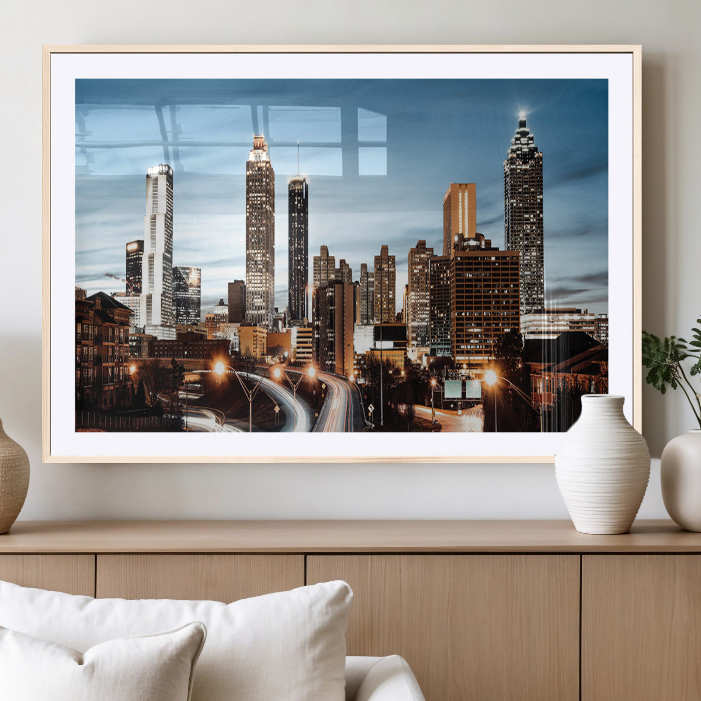 23859158-MGV-CV-36X24-Atlanta Skyline Wall Art – Modern Cityscape Canvas Print with Night Lights and Traffic Trails, Urban Decor for Office, Apartment,