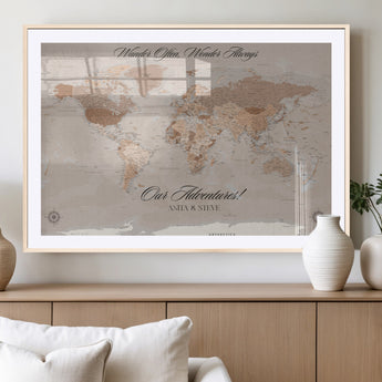 95243244-MGC-FP-36x24_Natural-Wander Often Wonder Always World Map Wall Art – Neutral Beige Adventure Canvas Print, Rustic Boho Travel Decor for Bedroom, Living