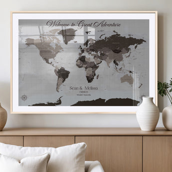 43749658-MGC-FP-36x24_Natural-Welcome to Great Adventure World Map Wall Art – Charcoal Gray Canvas Print, Rustic Travel Decor for Living Room, Study, Office or