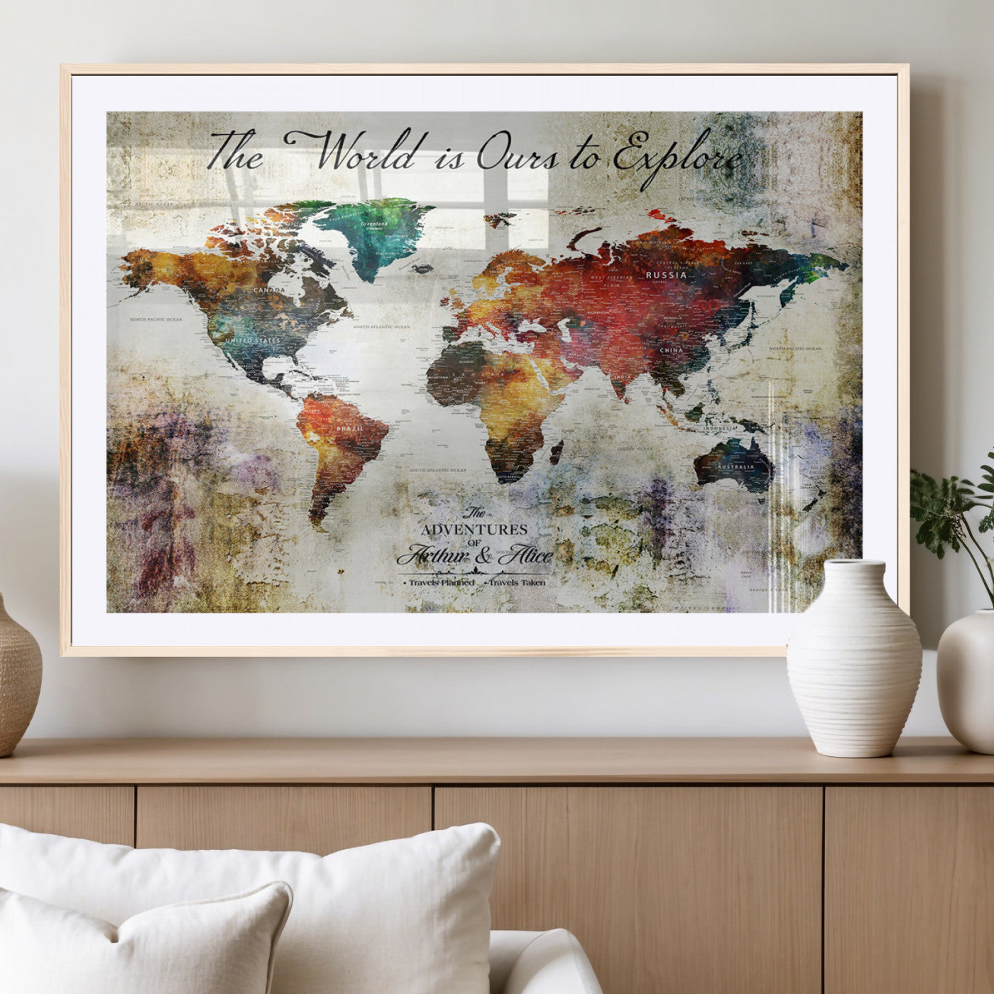 26117097-MGV-CV-36X24-Personalized Push Pin World Map Canvas – Custom Framed Travel Tracker Wall Art for Home, Office