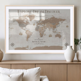 63516865-MGC-FP-36x24_Natural-Explore Dream Discover World Map Wall Art – Inspirational Travel Adventure Canvas Print, Neutral Parchment Style Explorer Decor