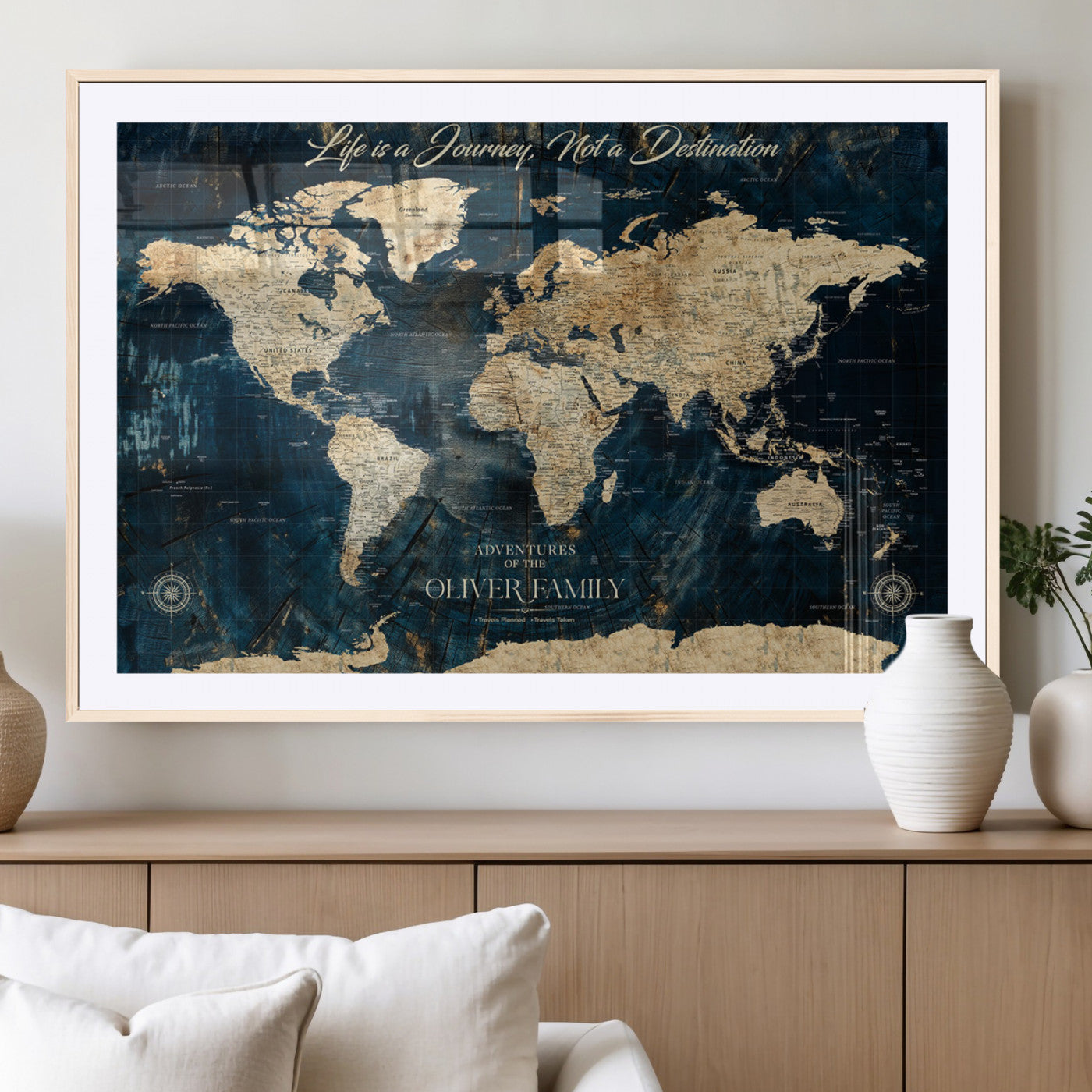36970886-MGC-FP-36x24_Natural-Life is a Journey Not a Destination World Map Rustic Navy Beige Vintage Travel Wall Art Adventure Quote Canvas Print for Home