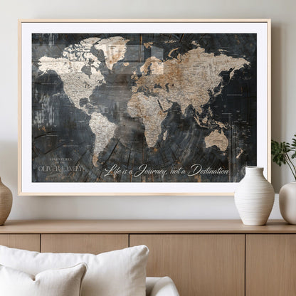 37848568-MGC-FP-36x24_Natural-Life is a Journey Not a Destination World Map Rustic Wood Texture Vintage Beige Navy Adventure Wall Art Canvas Print for Home