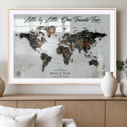 88337180-MGC-FP-36x24_Natural-Little by Little One Travels Far Tolkien Quote World Map Rustic Black Brown Adventure Wall Art Canvas Print for Home Office Living