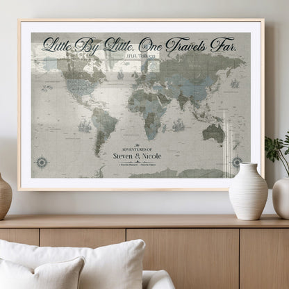 10693204-MGC-FP-36x24_Natural-Little By Little One Travels Far Tolkien Quote Blue Green World Map Adventure Wall Art Canvas Print Rustic Wanderlust Travel Decor