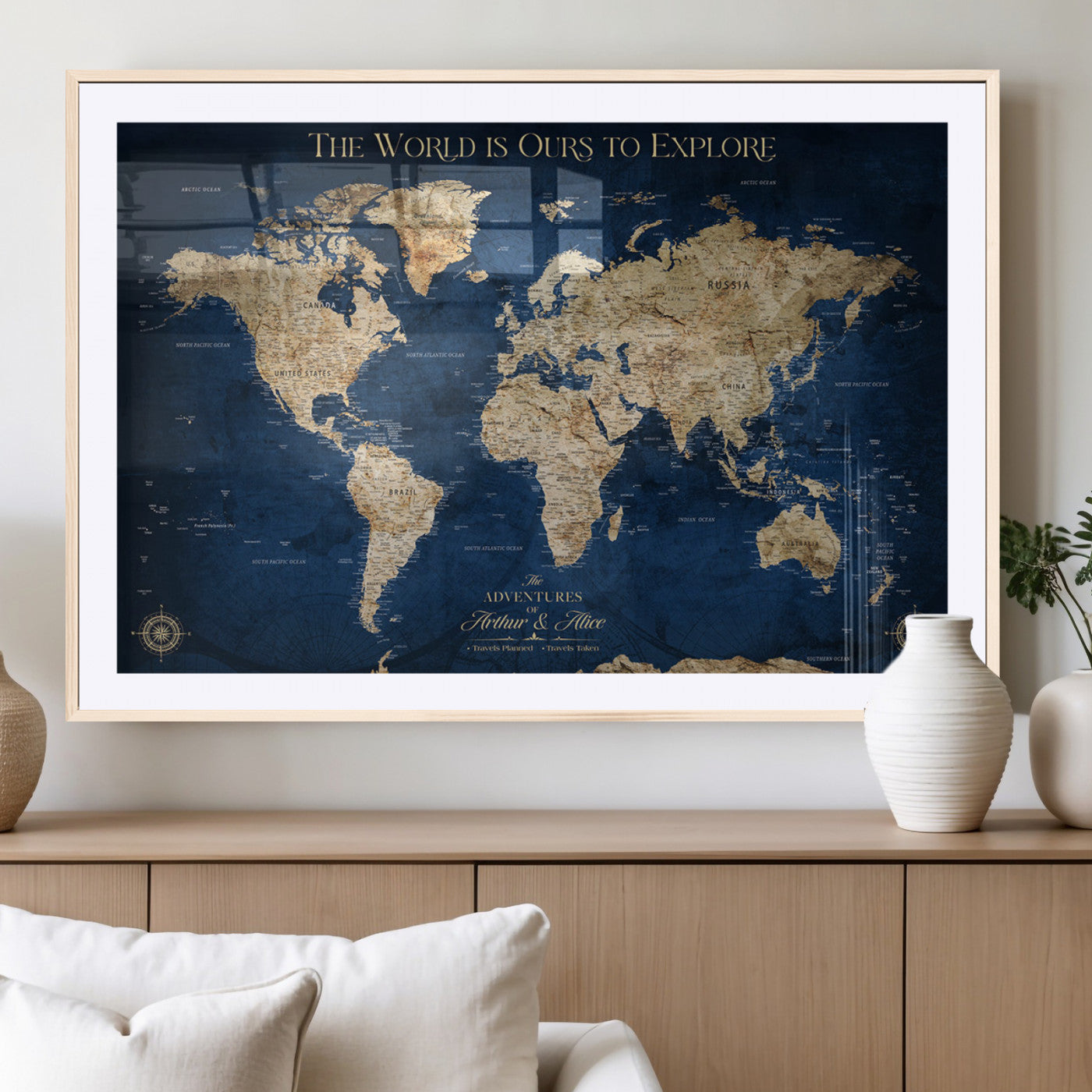 54782997-MGV-CV-36X24-The World is Ours to Explore Wall Art – Blue World Map Canvas Print, Adventure Travel Decor for Home, Office or Living Room,