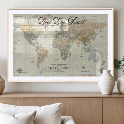 19479008-MGC-FP-36x24_Natural-Live Love Travel Wall Art – Detailed World Map Canvas Print, Adventure Decor for Living Room, Office or Bedroom, Travel Gift for