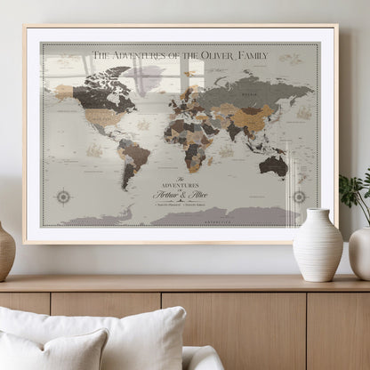 38723540-MGC-FP-36x24_Natural-Adventures of the Oliver Family Wall Art – Earth Tone World Map Canvas Print, Minimalist Travel Decor for Living Room, Bedroom or