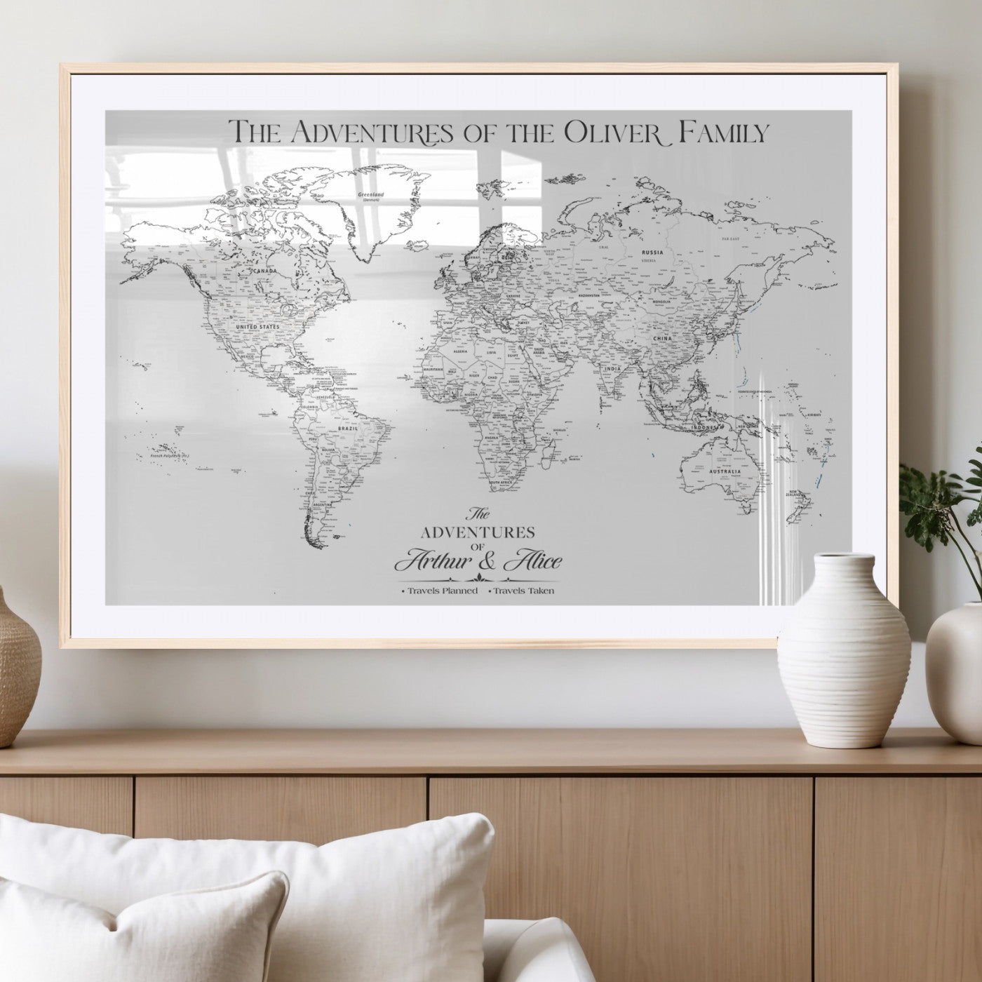 21029247-MGC-FP-36x24_Natural-Minimalist World Map Wall Art – Black and White Travel Adventure Print, Modern Family Travel Map Decor for Living Room, Bedroom,