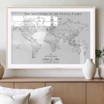 21029247-MGC-FP-36x24_Natural-Minimalist World Map Wall Art – Black and White Travel Adventure Print, Modern Family Travel Map Decor for Living Room, Bedroom,