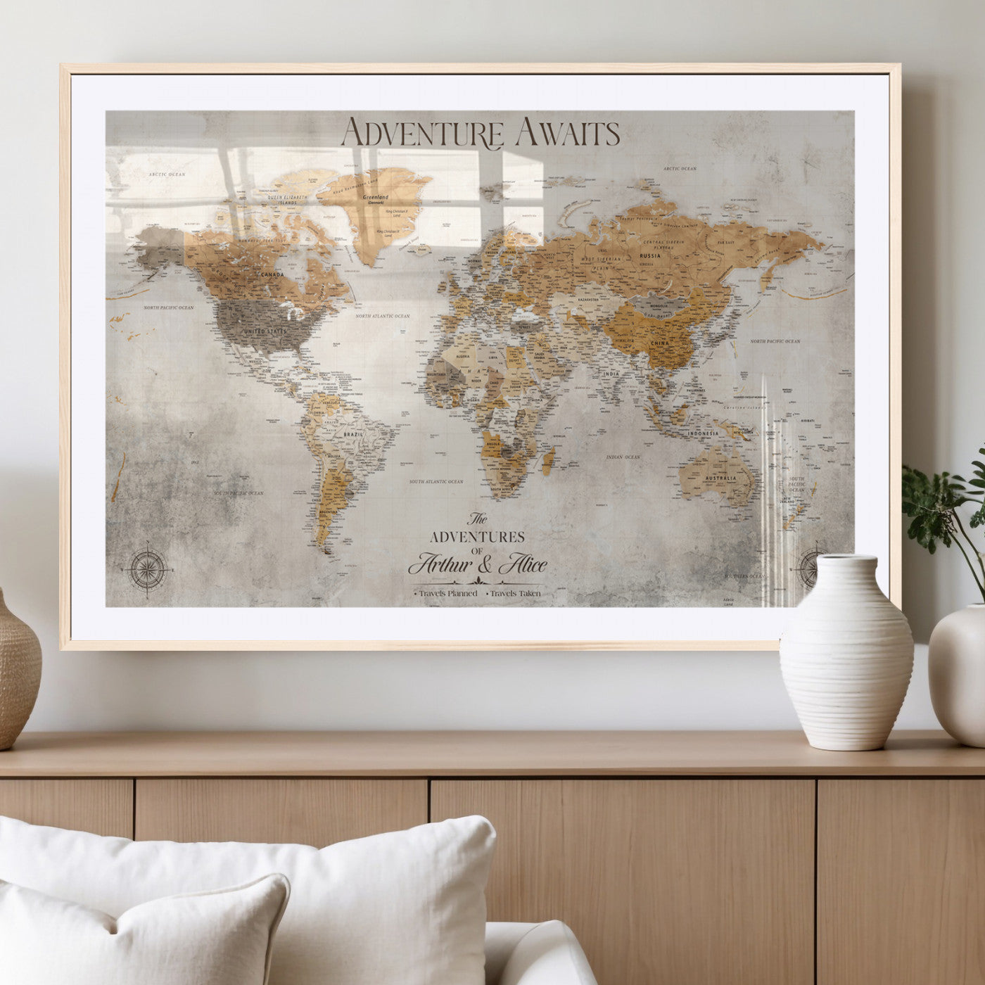 99422096-MGV-CV-36X24-Adventure Awaits World Map Wall Art – Neutral Beige Canvas Print, Modern Travel Inspired Wall Decor for Living Room, Bedroom or