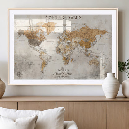 99422096-MGV-CV-36X24-Adventure Awaits World Map Wall Art – Neutral Beige Canvas Print, Modern Travel Inspired Wall Decor for Living Room, Bedroom or