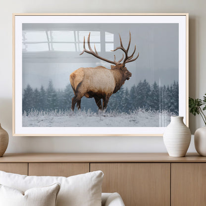 85177251-MGV-CV-36X24-Elk Wall Art – Majestic Wildlife Canvas Print of Bull Elk Snowy Forest, Rustic Nature Decor for Living Room, Cabin, or Office