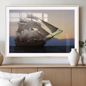 31270610-MGV-CV-36X24-Sailing Ship Wall Art – Sunset Seascape Canvas Print with Tall Ship at Sea, Nautical Ocean Decor for Living Room, Office, or