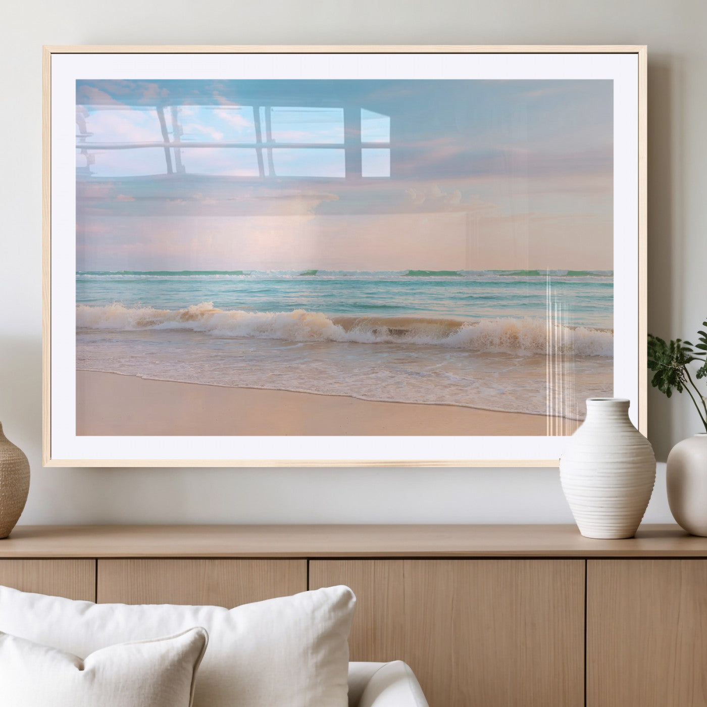 88024944-MGV-CV-36X24-Serene Ocean Waves Canvas Wall Art – Pastel Sky, Soft Sand Beach, Tranquil Seascape, Calm Water Coastal Nature, Relaxing Peaceful