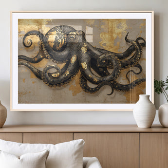 57944271-MGC-FP-36x24_Natural-Octopus Wall Art – Black and Gold Nautical Canvas Print, Modern Ocean Inspired Artwork with Elegant Detailing, Coastal Marine