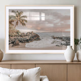 18005328-MGV-CV-36X24-Tropical Beach Canvas Wall Art – Palm Tree, Rocky Shoreline, Ocean Waves, Sunset Clouds, Calm Sea, Island Nature Relaxation for