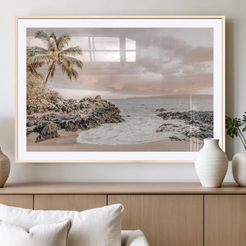 18005328-MGV-CV-36X24-Tropical Beach Canvas Wall Art – Palm Tree, Rocky Shoreline, Ocean Waves, Sunset Clouds, Calm Sea, Island Nature Relaxation for