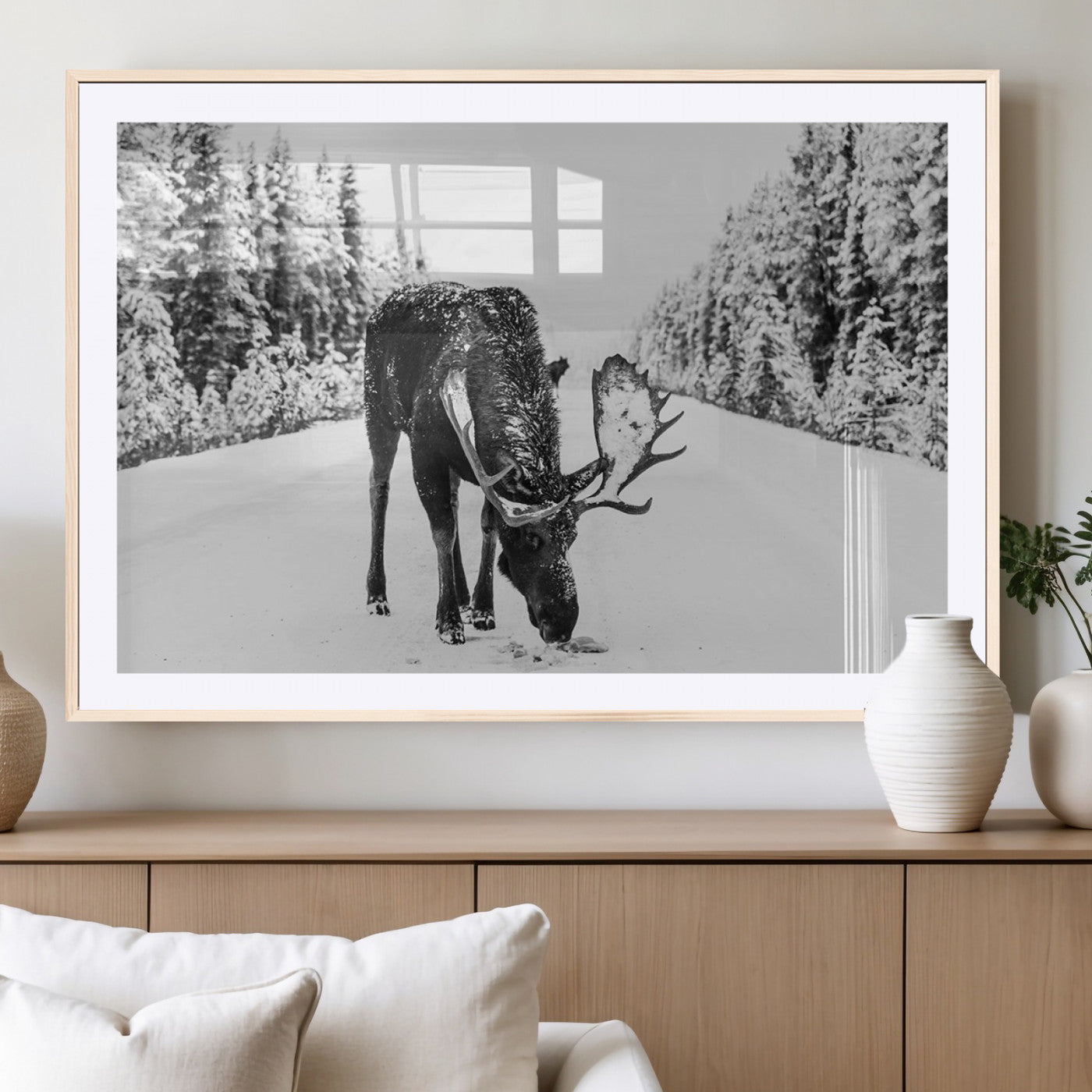 38956835-MGV-CV-36X24-Moose Winter Snowy Forest Canvas Wall Art – Wildlife Nature, Antlers in Frozen Landscape, Quiet Path, Cold Season Outdoors Print