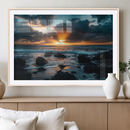 66040852-MGV-CV-36X24-Ocean Sunset Canvas Wall Art – Rocky Shore Waves, Dramatic Clouds, Golden Sun Rays, Coastal Nature, Serene Water Reflection for