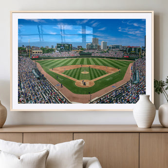 56213978-MGC-FP-36x24_Natural-Baseball Stadium Wall Art – Panoramic Ballpark Canvas Print with Fans, Green Field and City Skyline, Classic Sports Photography
