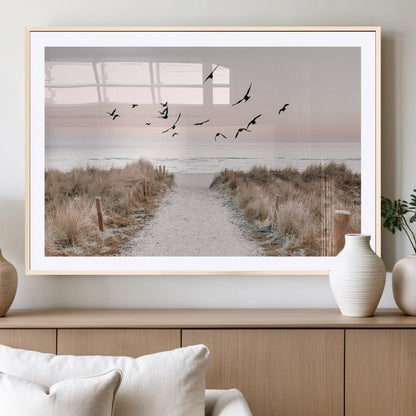 34632598-MGV-CV-36X24-Coastal Pathway Canvas Wall Art – Framed Seaside Landscape, Large Beach and Birds Canvas Print for Home, Office, or Living Room