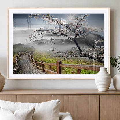 34632598CRY-MGC-FP-36x24_Natural-Cherry Blossom Wall Art – Scenic Asian Landscape Canvas Print with Wooden Walkway, Misty Mountains and Sunrise, Serene Nature