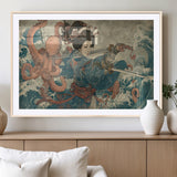 52037775-MGV-CV-36X24-Samurai Woman Wall Art – Japanese Ukiyo e Style Canvas Print with Katana, Ocean Waves and Octopus, Traditional Asian Inspired