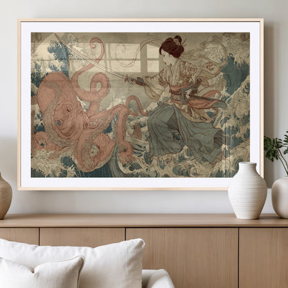 54879547-MGC-FP-36x24_Natural-Tsukioka Yoshitoshi Samurai Wall Art Print, Japanese Katana Warrior Canvas Wall Art, Octopus Sea Monster Canvas Print,