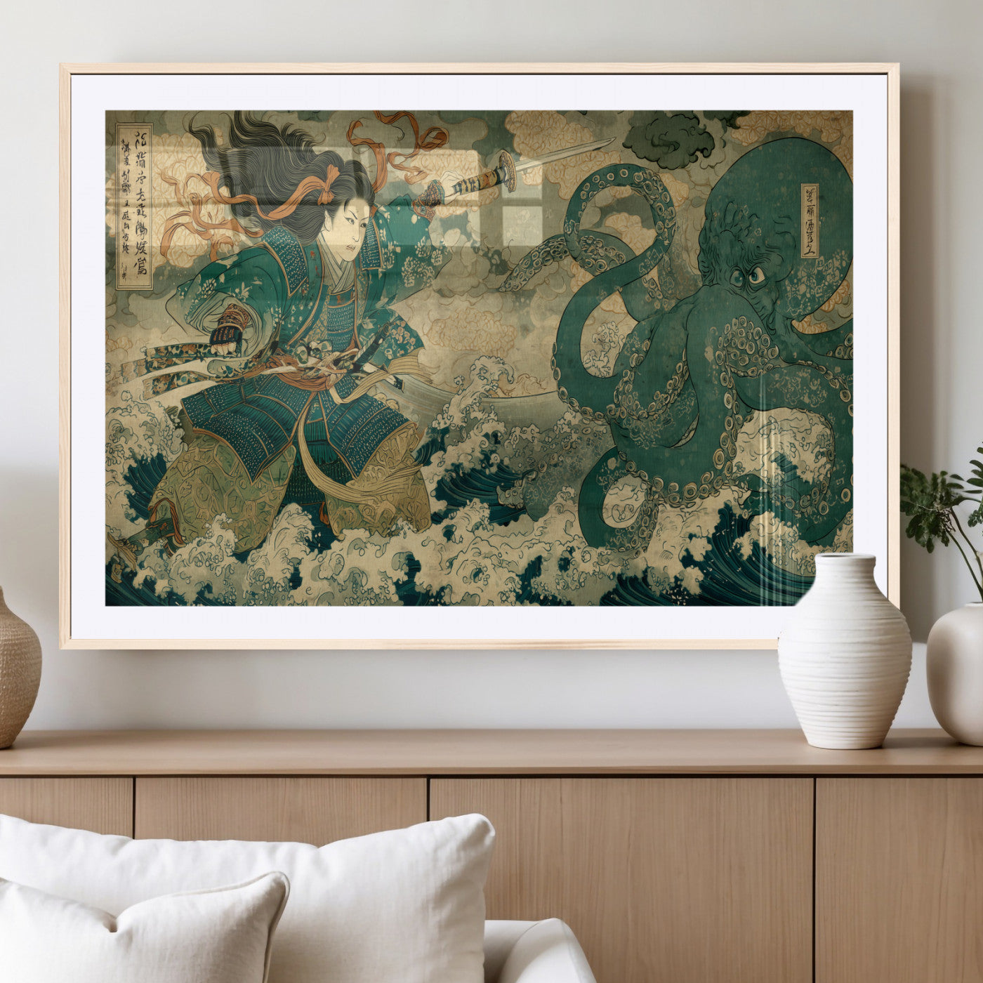 24416422-MGV-CV-36X24-Samurai vs Octopus Wall Art – Japanese Warrior Ocean Battle Canvas Print, Ukiyo e Inspired Decor for Home, Office, or Man Cave