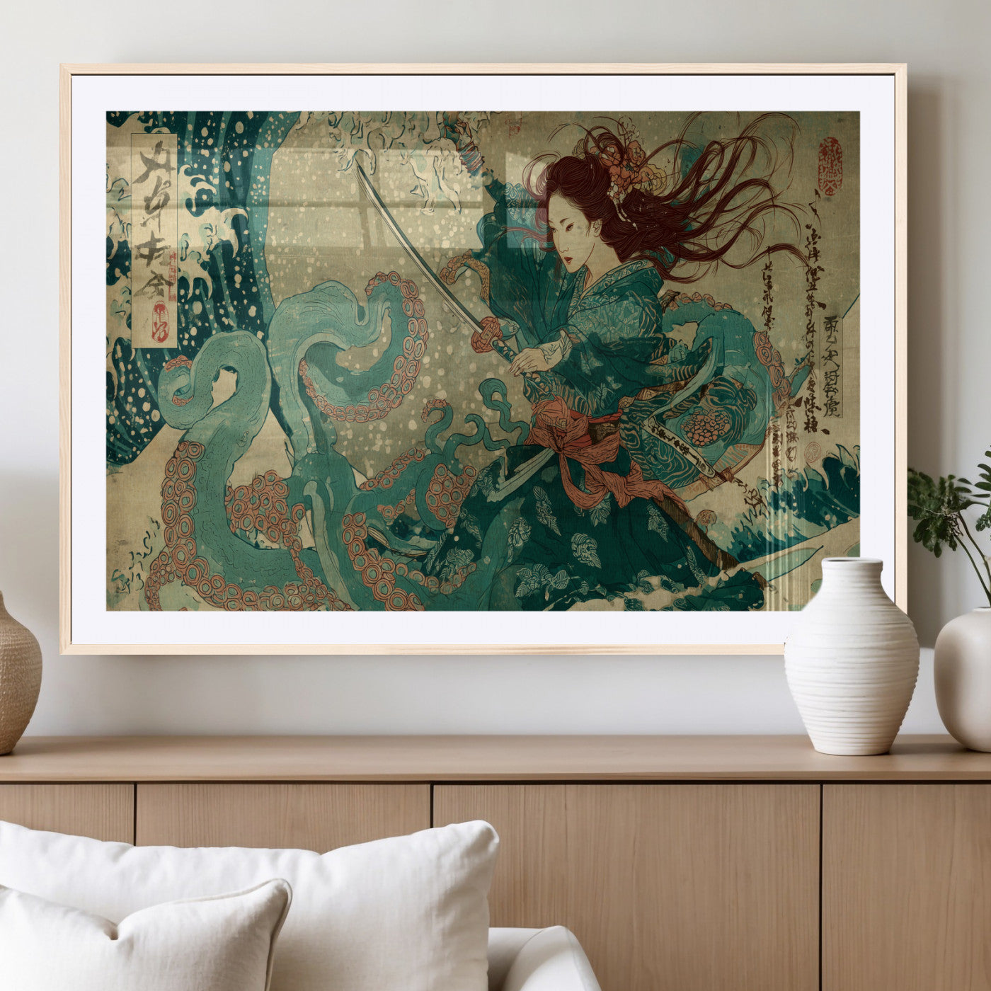 86918027-MGC-FP-36x24_Natural-Tsukioka Yoshitoshi Samurai Wall Art Print, Japanese Katana Warrior Canvas Wall Art, Octopus Sea Monster Canvas Print,