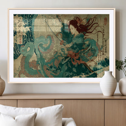 86918027-MGV-CV-36X24-Samurai Warrior vs Octopus Wall Art – Japanese Ukiyo-e Ocean Battle Canvas Print, Traditional Samurai Artwork for Living Room,