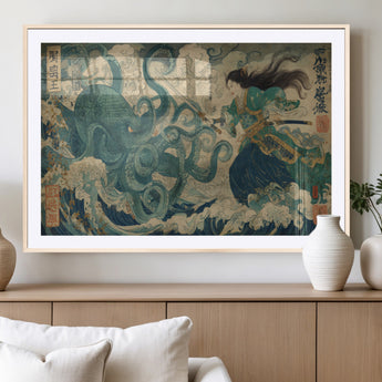 60346622-MGC-FP-36x24_Natural-Tsukioka Yoshitoshi Samurai Wall Art Print, Japanese Katana Warrior Canvas Wall Art, Octopus Sea Monster Canvas Print,