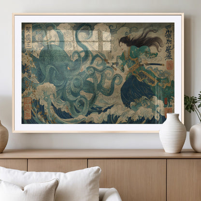 60346622-MGC-FP-36x24_Natural-Tsukioka Yoshitoshi Samurai Wall Art Print, Japanese Katana Warrior Canvas Wall Art, Octopus Sea Monster Canvas Print,