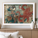 68844327-MGC-FP-36x24_Natural-Tsukioka Yoshitoshi Samurai Wall Art Print, Japanese Katana Warrior Canvas Wall Art, Octopus Sea Monster Canvas Print,