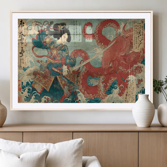 68844327-MGC-FP-36x24_Natural-Tsukioka Yoshitoshi Samurai Wall Art Print, Japanese Katana Warrior Canvas Wall Art, Octopus Sea Monster Canvas Print,