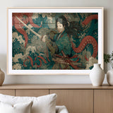 35461724-MGV-CV-36X24-Samurai Woman vs Octopus Wall Art – Japanese Ukiyo-e Ocean Waves Canvas Print, Red Tentacle Battle Artwork for Living Room,